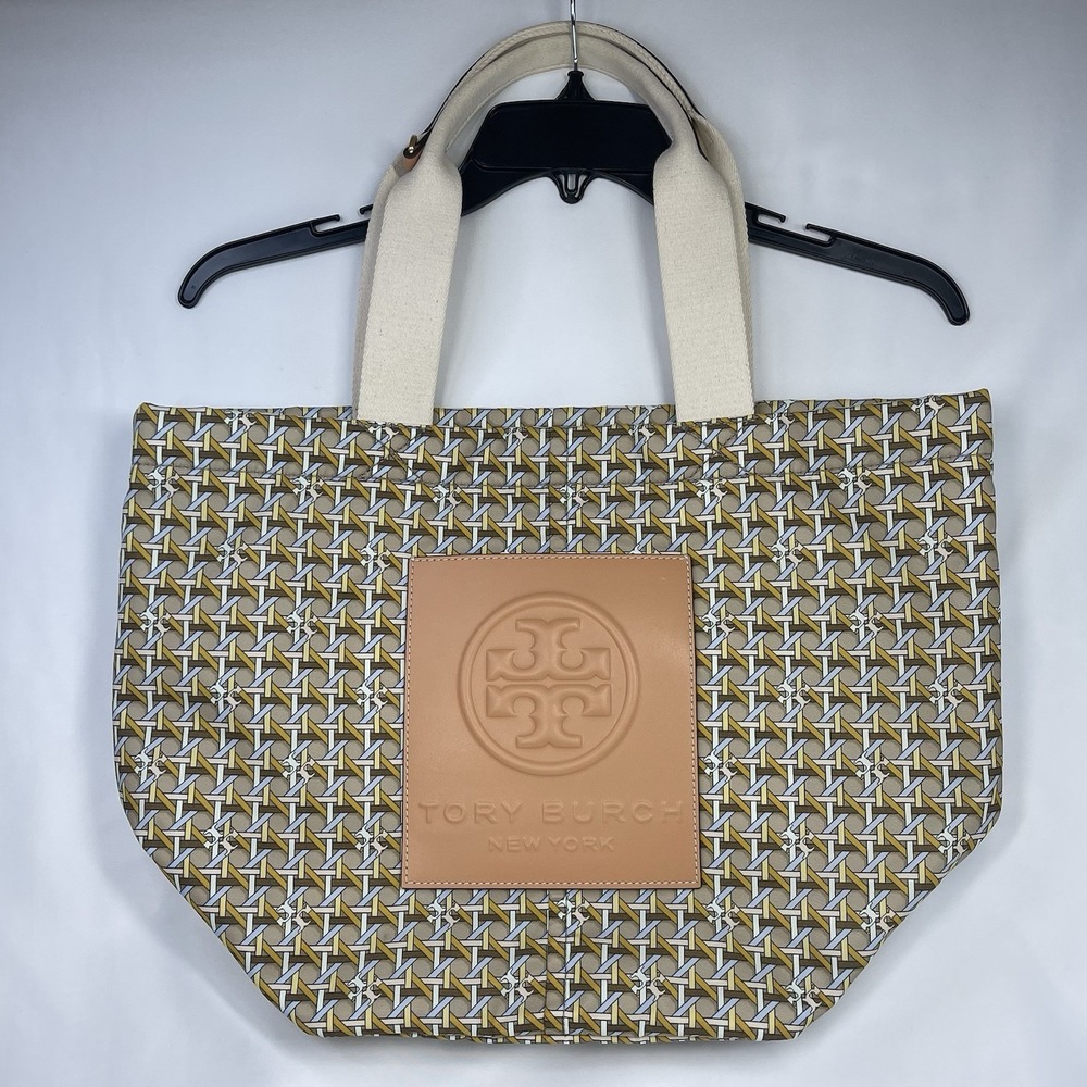 Tory Burch T Monogram Open Tote Coated Nylon Beach Shopper Brown Tan Large
